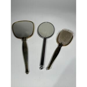 Vintage 3pc Vanity Set Hand Mirrors & Hair Brush Gold Tone Floral Design